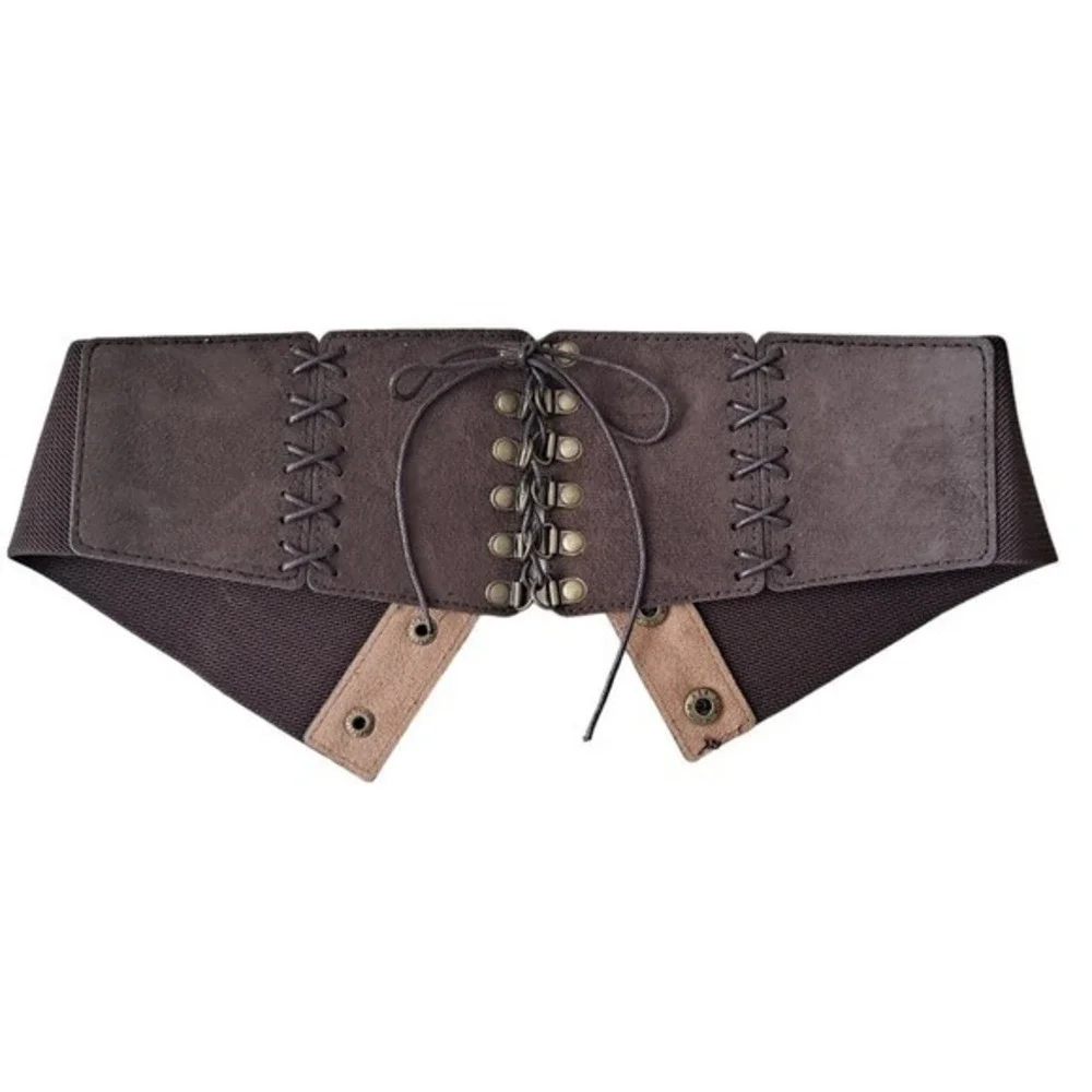 Western wide waist faux suede corset belt L/ XL dark brown boho lace up stretch